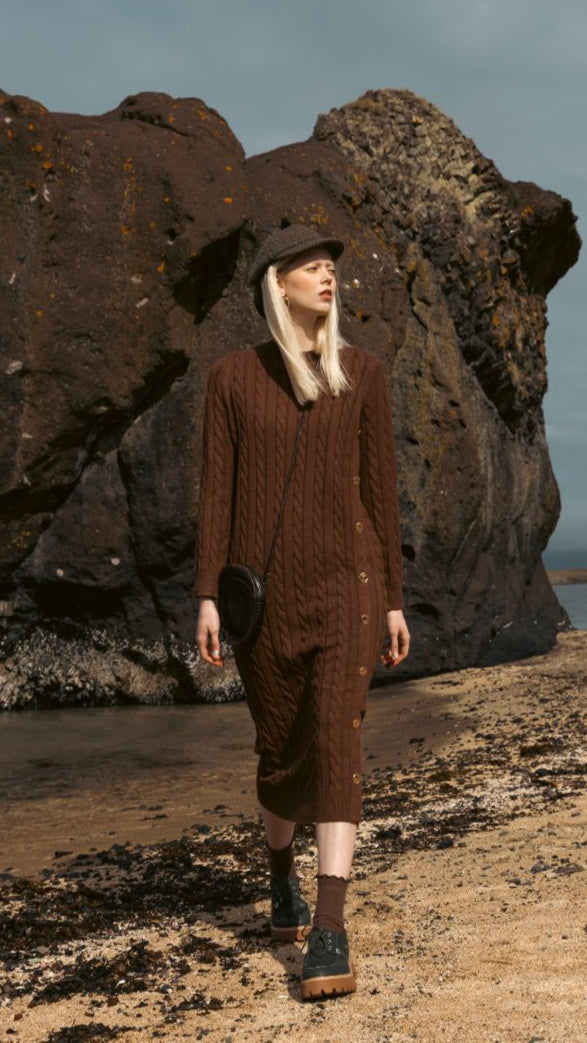 Cable Knit Dress in Brown