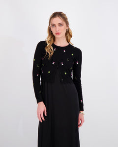 Embroidered Cardigan and Dress Set in Black