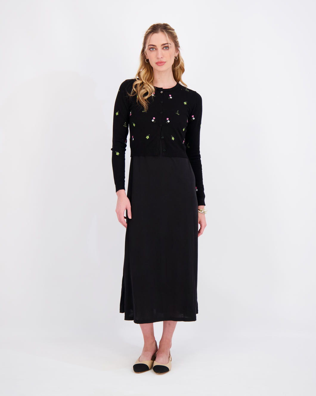 Embroidered Cardigan and Dress Set in Black
