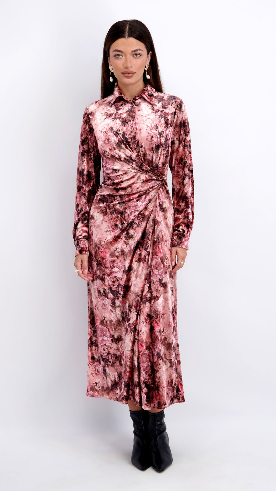 Velvet Side Knot Dress in Pink Floral